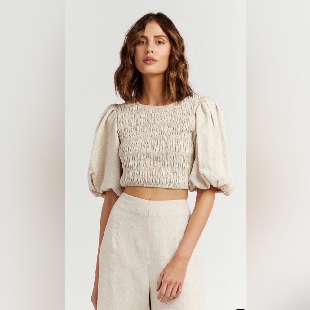DISSH Frankie Natural Linen Shirred Crop Top Puff Sleeves Size 2